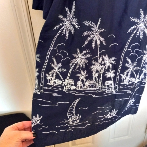Talbots Dress Blue 100% Linen Embroidered Palm Trees Sailboat Beach Size L - Picture 13 of 15